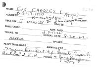 Charles L. Fox Clinton Grove Cemetery Record
